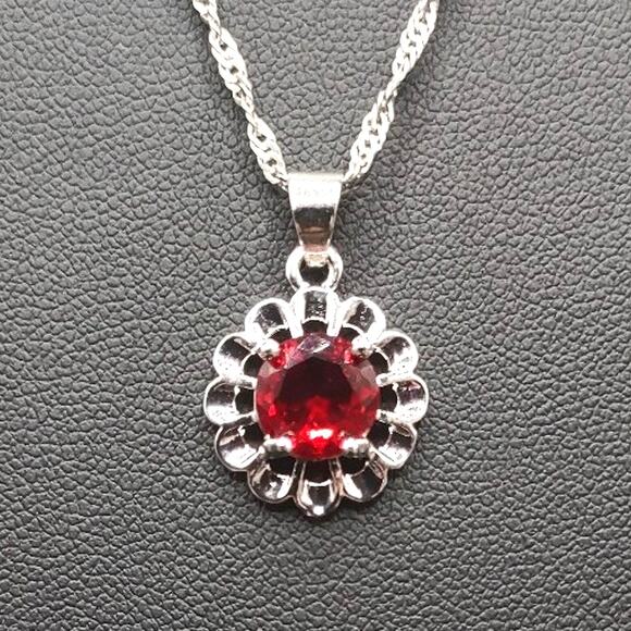 925 Silver Red Flower necklace Lab Ruby Summer BOHO Birthday VTG Fashion Gift - Picture 3 of 6